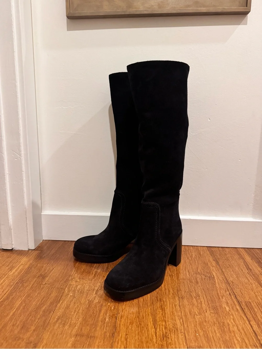 Michael Kors Hayden Black Suede Knee-High Block Heel Boots